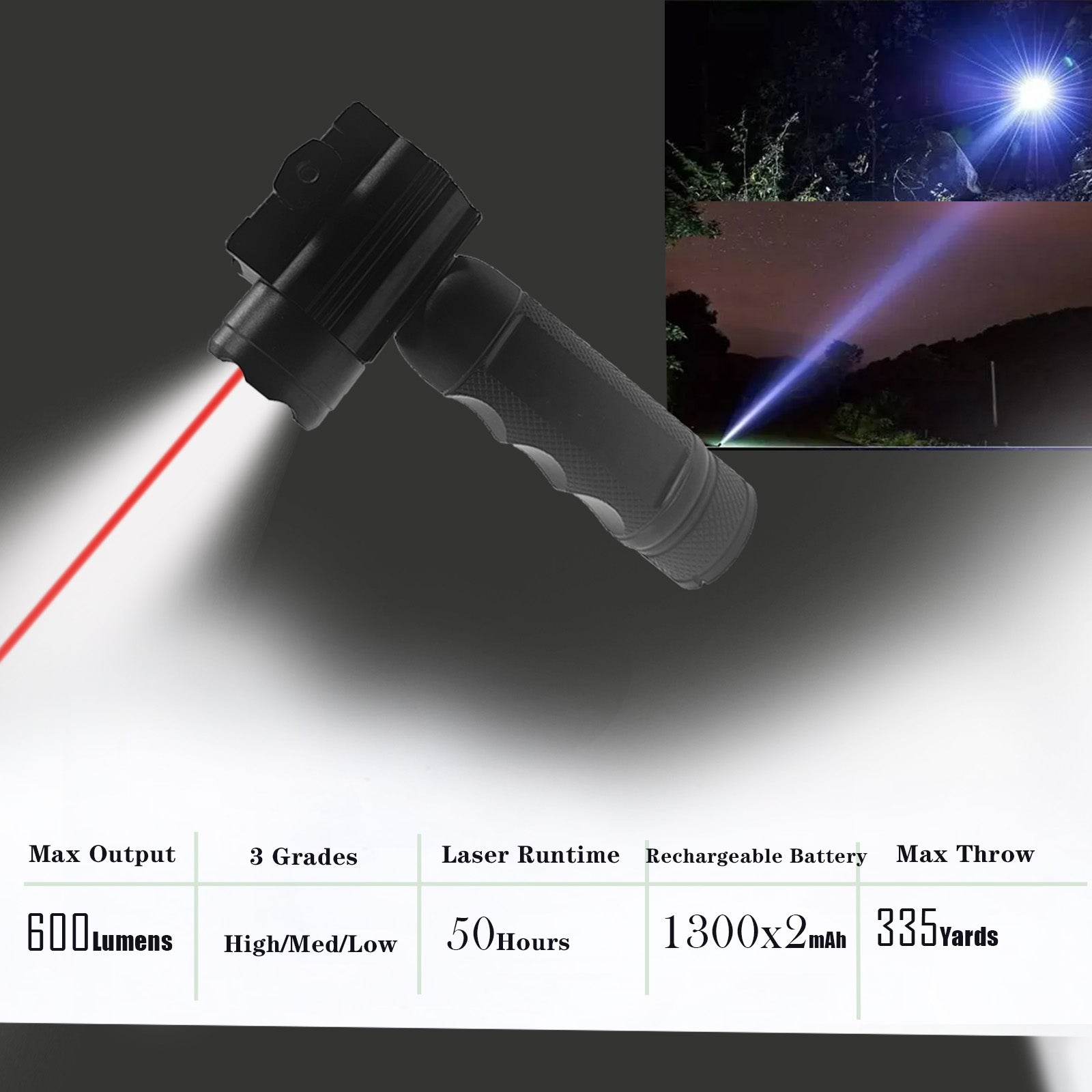 600 Lumens Flashlight with Red Laser Sight